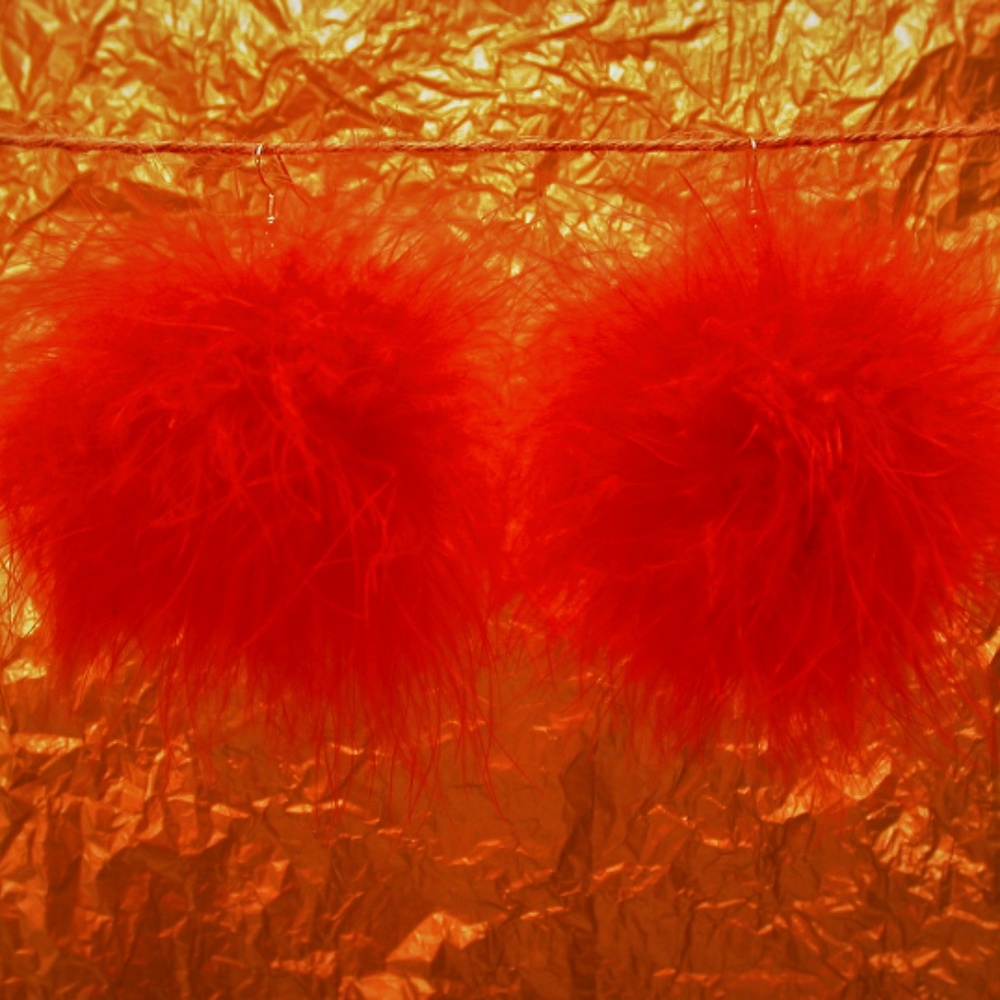 Red Feather Pom Earrings